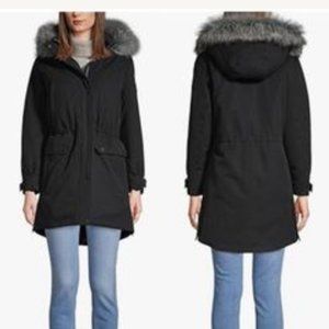 LANDS’ END Expedition Down Parka Women’s Medium Black Faux Fur Trim Waterproof